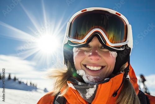 Young woman on ski glasses and snowboard equipment at the mountain doing activities.