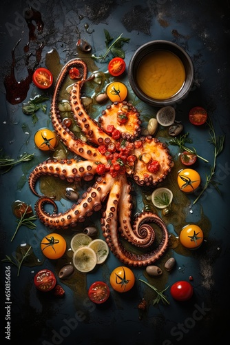 Wallpaper Mural yummy grilled octopus with lemon and tomatoes, Generative Ai Torontodigital.ca