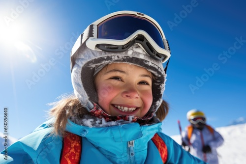 Young woman on ski glasses and snowboard equipment at the mountain doing activities.