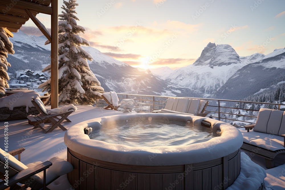 Fototapeta premium Snow-covered hot tub on the terrace of a mountain retreat, allowing guests to soak while surrounded by snowy beauty - Generative AI