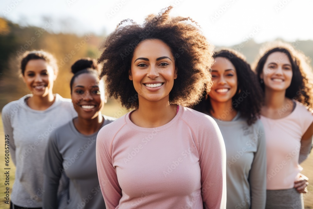Diverse group of 40yo woman training together in the street, portrait smiling to camera.Healthy life Diverse group of 40yo woman training together in the street, portrait smiling to camera.Healthy life