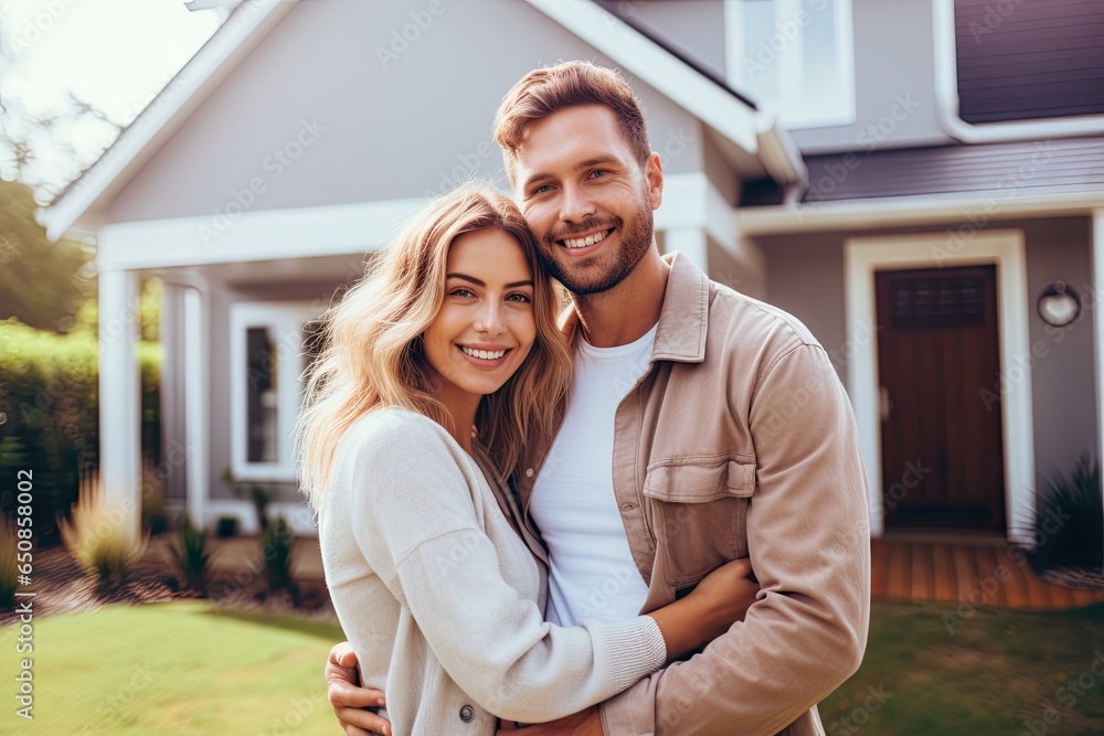 Happy young couple standing in front of new home - obrazy, fototapety, plakaty 