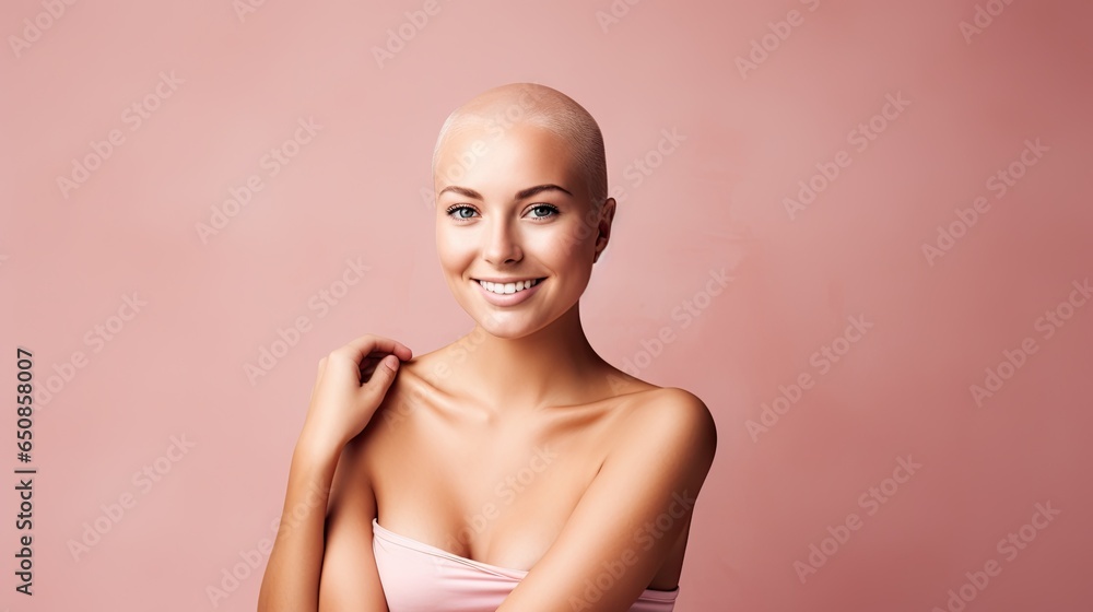 Studio image of a happy cancer woman patient, pink background, awareness and charity concept. Studio image of a happy cancer woman patient, pink background, awareness and charity concept.
