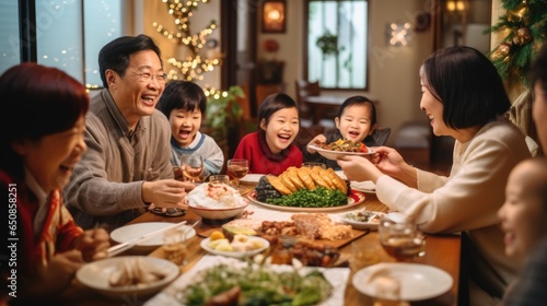 Big asian family dinner table , eating together,christmas and thanksgiving concept.New year chinese