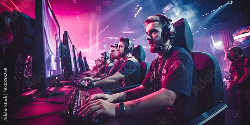 Videogame professional e-sport competing concept. Gamers earning money during a tournament.