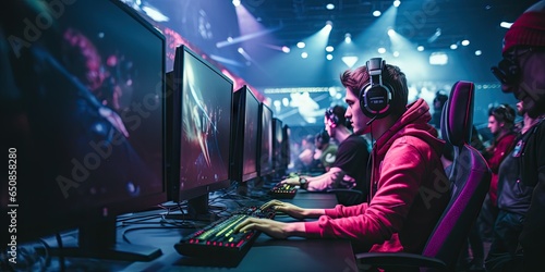 Videogame professional e-sport competing concept. Gamers earning money during a tournament.