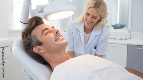 Happy mature man during teeth check-up at dental clinic. Smiling during a procedure, no fear concept
