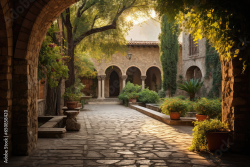 Medieval monastery courtyard with cobblestone paths  stone archways  and lush gardens
