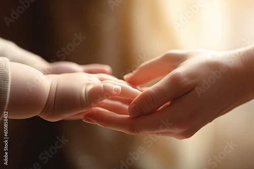Mother holding baby hand, cinematic tones, parent taking care of the child. New parenthood concept