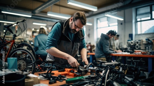 Expert man working repairing and maintenance a bike, workshop daily routine.