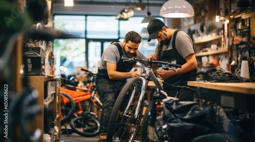 Expert man working repairing and maintenance a bike, workshop daily routine. © Banana Images