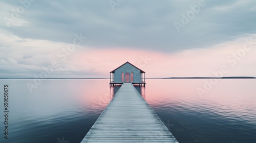 minimal style background, small sea cabin with gradient pink blue gradient sky, Generative Ai