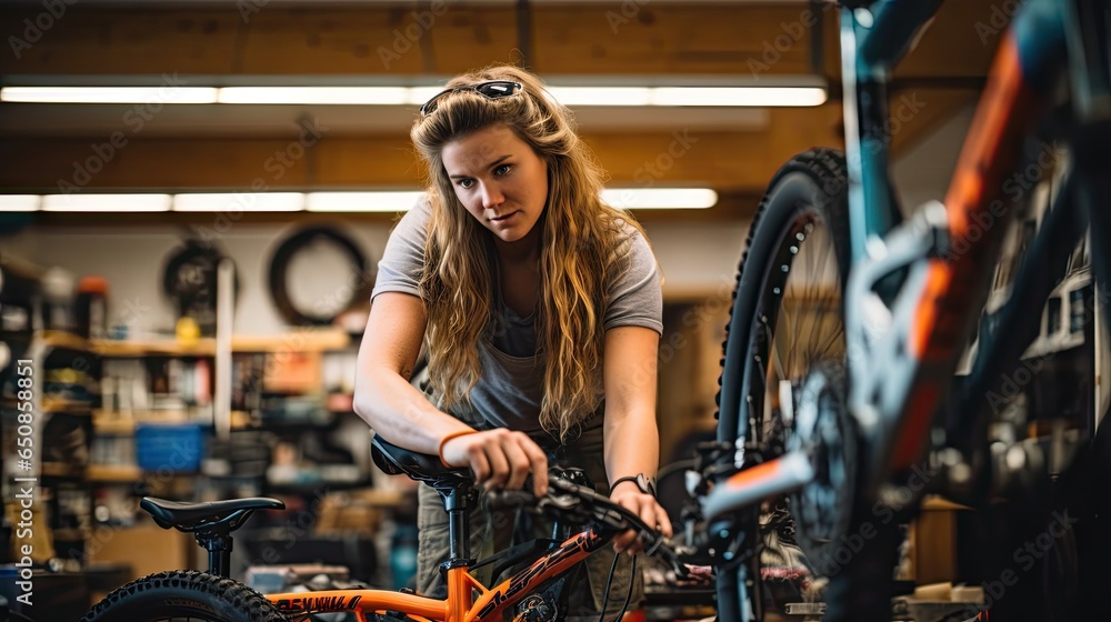 Young woman working fixing at a bike workshop. Women in industry, young women hand blue collar - obrazy, fototapety, plakaty 