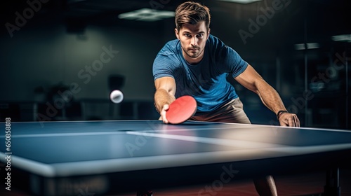 People playing table tennis during a competition, fun and happy moment, wide angle shot