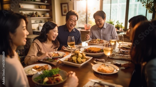 Big asian family dinner table   eating together christmas and thanksgiving concept.New year chinese