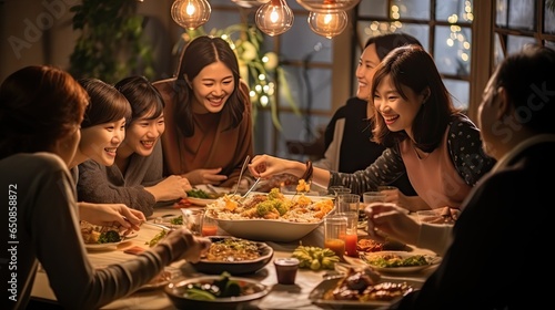 Big asian family dinner table   eating together christmas and thanksgiving concept.New year chinese