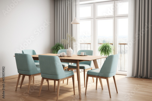 Teal blue color fabric chairs at wooden Nordic style dining room. Scandinavian, mid-century home interior design of modern dining room © GustavsMD