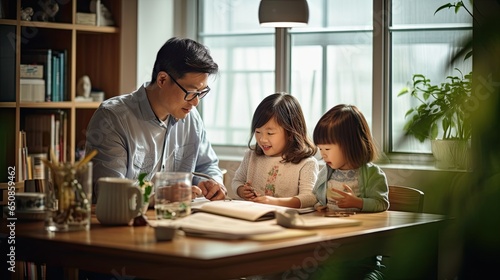 Parents helping kid with the homework at the table. Colorful ambient cinematic scene