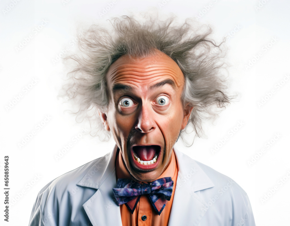 A character portrait of a mad scientist with wild hair and a lab coat, caught in a moment of surprise and alarm. The image humorously captures the essence of this iconic, quirky persona. - obrazy, fototapety, plakaty 