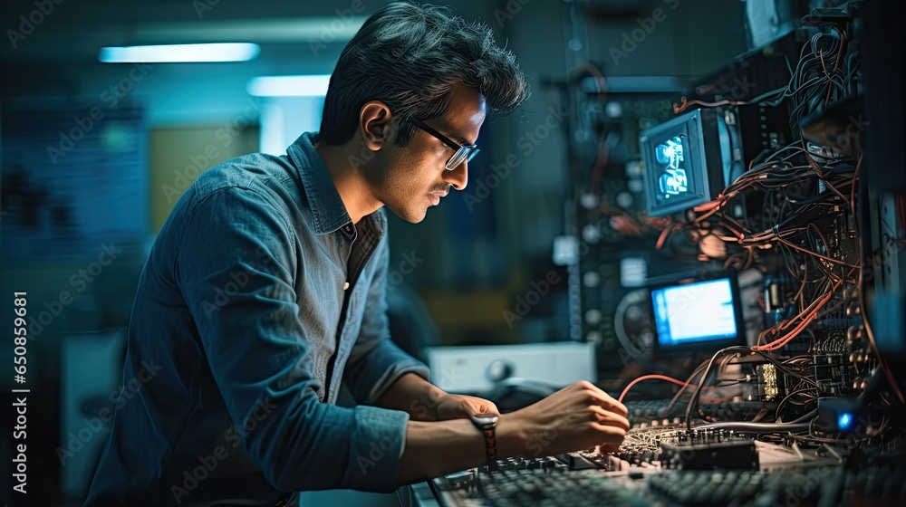 Indian man working data center, fixing the servers and checking the updates. Indian man working data center, fixing the servers and checking the updates.