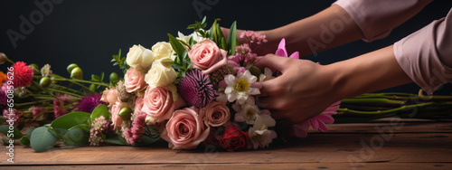 Cropped view of florist hands making flower bouquet on table surface © MP Studio
