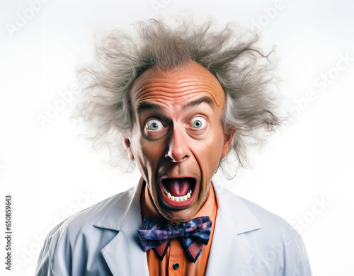 A character portrait of a mad scientist with wild hair and a lab coat, caught in a moment of surprise and alarm. The image humorously captures the essence of this iconic, quirky persona.