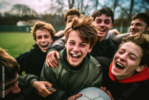 A high school soccer team of teenage boys revels in the excitement of their recent victory. Gathered on the field, their faces glowing, they personify the essence of friendship and teamwork in sports. © InputUX