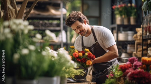 Smiling man in apron with crossed arms standing against his flower shop