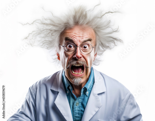 A character portrait of a mad scientist with wild hair and a lab coat, caught in a moment of surprise and alarm. The image humorously captures the essence of this iconic, quirky persona.