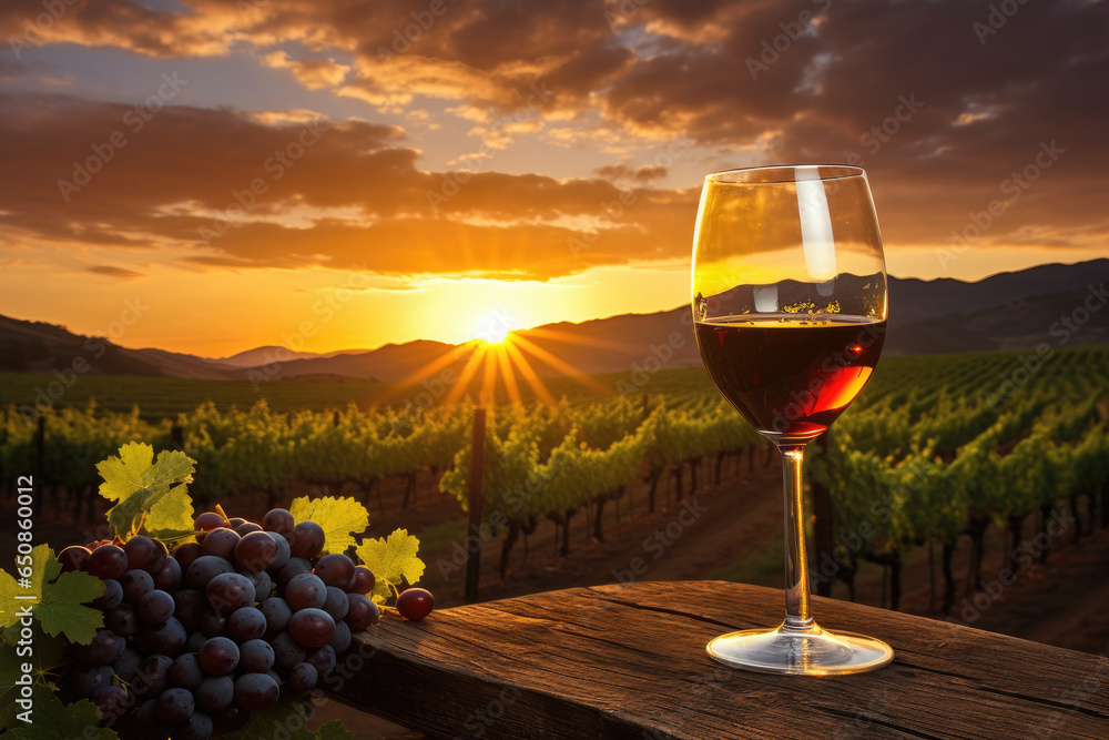 Vineyard at sunset with rows of grapevines and a glass of wine