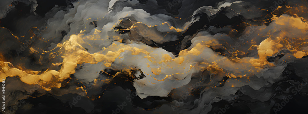 dark background with shiny gold & black, in the style of poured resin, marble, abstraction-création, fluid figuratism, aerial view, captivating