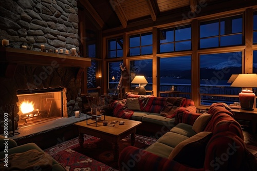 Mountain lodge's cozy lounge area with plush sofas and warm blankets, inviting guests to relax and enjoy the snowy scenery - Generative AI
