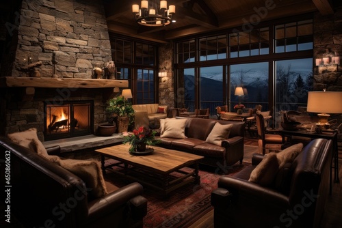 Mountain lodge's cozy lounge area with plush sofas and warm blankets, inviting guests to relax and enjoy the snowy scenery - Generative AI