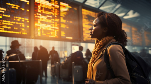 A close up side profile of a black woman with an afro standing in an airport and carrying a backpack, flight schedule screens in the background, travel, flights, black model photo