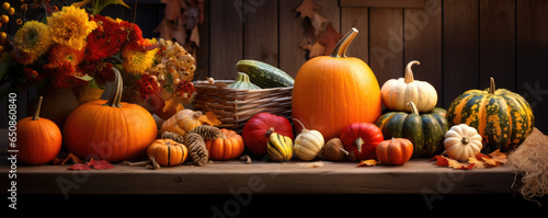 Rustic wooden table adorned with pumpkins, gourds, and fall leaves