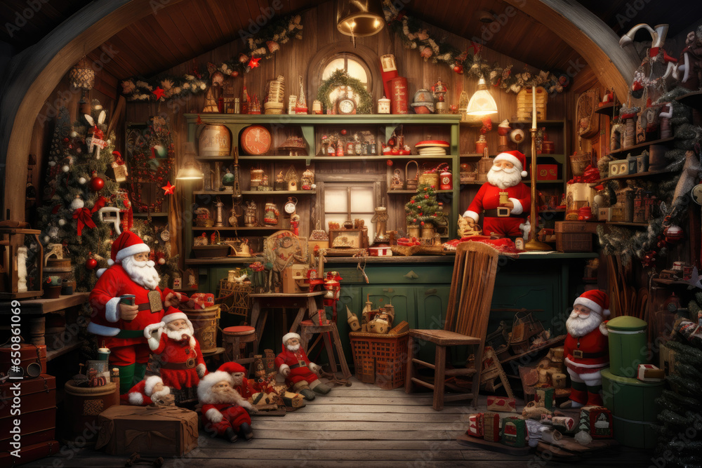 Santa's workshop, complete with elves, toys, and a sleigh ready for Christmas Eve