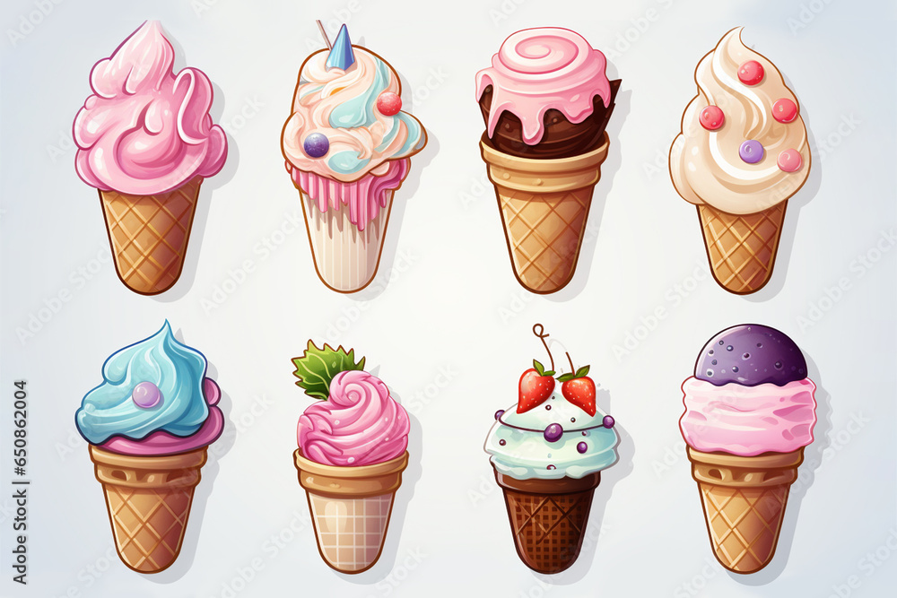 Ice cream Stickers, Flat cute ice cream cone sticker pack, A set of ice cream stickers isolated on white background, comic style ice cream cones, cartoon concept ice cream stickers, candy stickers Ice cream Stickers, Flat cute ice cream cone sticker pack, A set of ice cream stickers isolated on white background, comic style ice cream cones, cartoon concept ice cream stickers, candy stickers
