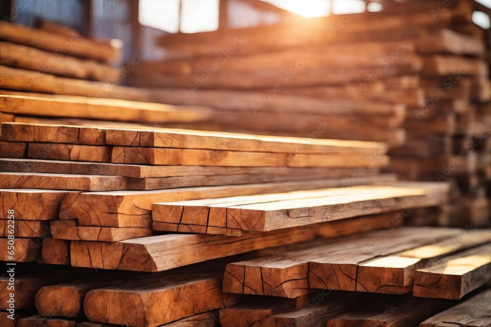 Closeup view of wooden planks at a lumber warehouse. ai generative