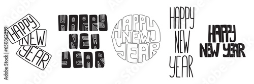 Collection of Happy New Year text. Happy New Year decoration hand drawn lettering. Vector illustration.