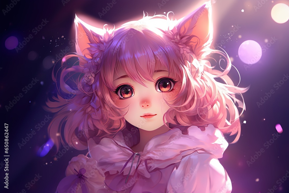anime style illustration of cute cat girl in glow light, Generative Ai ...
