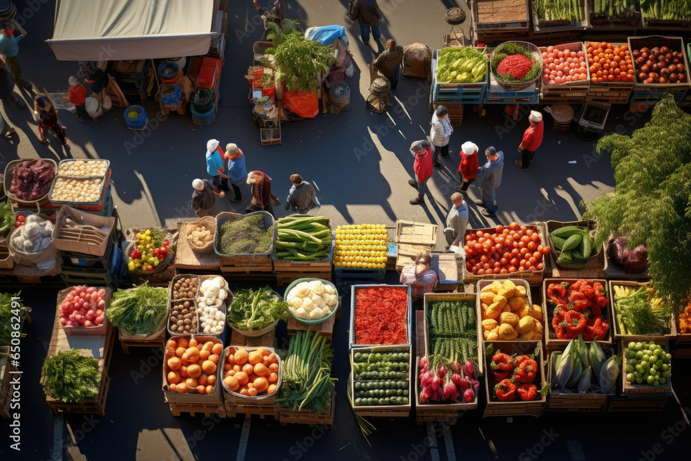Farmers' market with stalls filled with fresh fruits, vegetables, and artisanal products - obrazy, fototapety, plakaty 