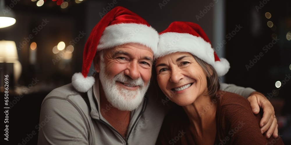 Happy senior couple smiling and hugging in santa hats celebrating at home, Mature man and woman embracing during New Year celebration, generative ai Happy senior couple smiling and hugging in santa hats celebrating at home, Mature man and woman embracing during New Year celebration, generative ai