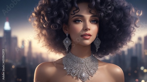 A glamorous woman with cascading curls and a sparkling diamond necklace, 