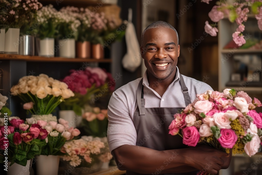 Smiling black man standing in his flower shop. Middle aged salesman is waiting for customers of the flower shop. He standing at the entrance and smiley looking at camera. Smiling black man standing in his flower shop. Middle aged salesman is waiting for customers of the flower shop. He standing at the entrance and smiley looking at camera.