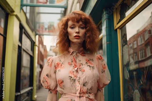 Wallpaper Mural artistic woman street fashion portrait, pretty girl walking in urban city street, pink flower print chiffon dress, Generative Ai Torontodigital.ca