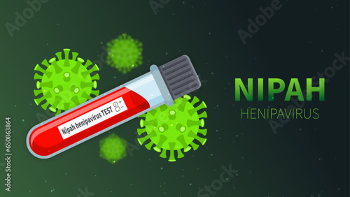 Nipah virus concept. Microscope virus close up, Nipah henipavirus, Hendra virus, newly emerging zoonotic infection with acute respiratory syndrome and severe encephalitis, 3D illustration.