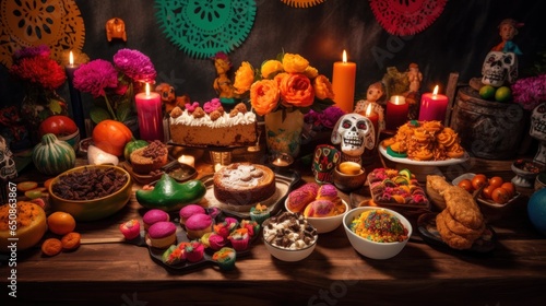 Table with food decorated for mexican day of the dead