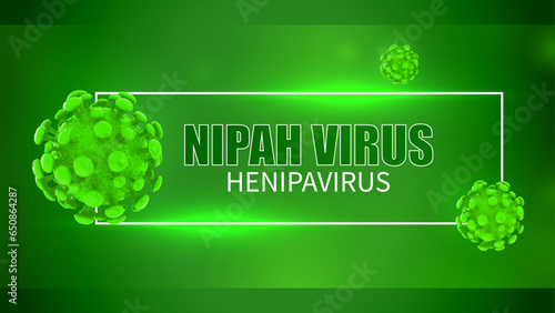 Nipah virus concept. Microscope virus close up, Nipah henipavirus, Hendra virus, newly emerging zoonotic infection with acute respiratory syndrome and severe encephalitis, 3D illustration.
