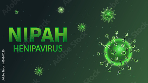 Nipah virus concept. Microscope virus close up, Nipah henipavirus, Hendra virus, newly emerging zoonotic infection with acute respiratory syndrome and severe encephalitis, 3D illustration.