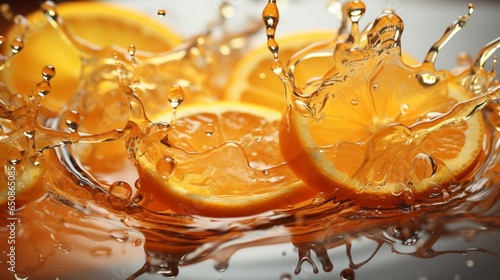 Oil, orange or lemon juice splashes, liquid yellow drink streams with drops.